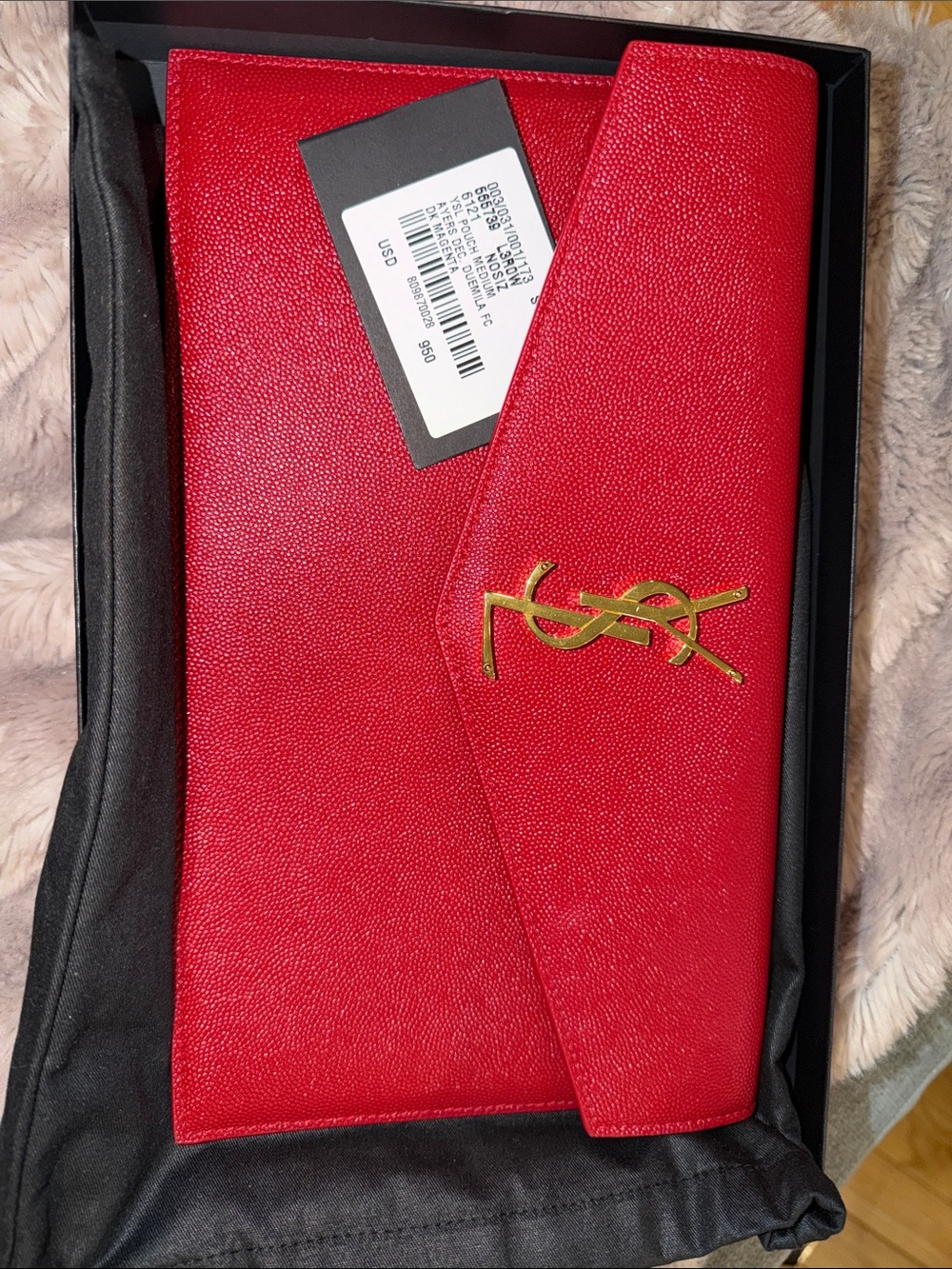 Saint Laurent Red Pebbled Leather Envelope Clutch with Gold YSL Emblem